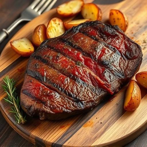 Bistecca alla fiorentina servita su un tagliere di legno, con contorno di patate arrosto.