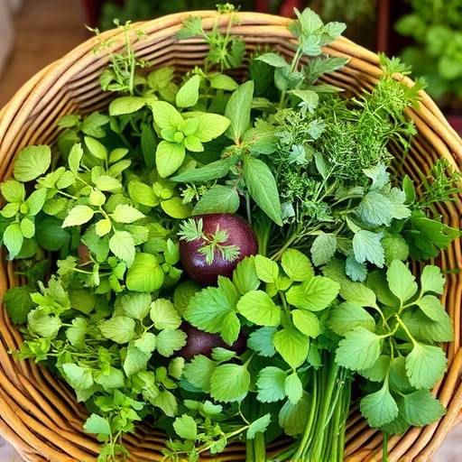 Diversi tipi di erbe aromatiche fresche in un cesto