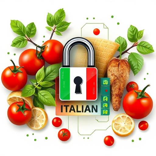 Illustrazione astratta di un lucchetto con elementi di cibo italiano, simboleggiando la protezione dei dati nella cucina italiana.