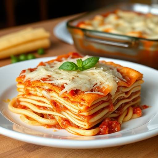 Lasagna al forno con strati di pasta fresca, rag&ugrave; di carne, besciamella e parmigiano grattugiato.