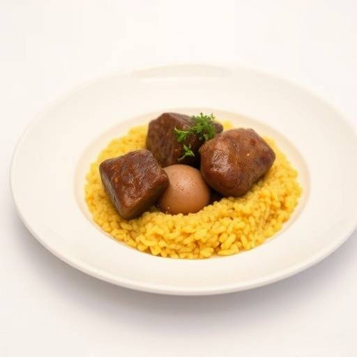 Piatto di ossobuco alla milanese, accompagnato da risotto allo zafferano e guarnito con gremolada.