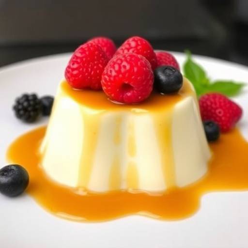 Piatto di panna cotta guarnita con frutti di bosco freschi e salsa al caramello.