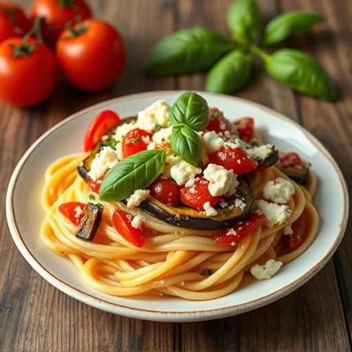Piatto di pasta alla norma, con melanzane fritte, pomodoro, ricotta salata e basilico.