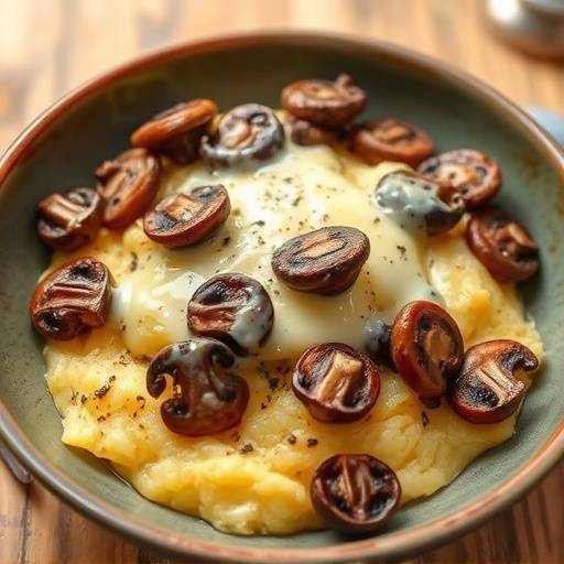 Piatto di polenta con funghi e formaggio fuso.