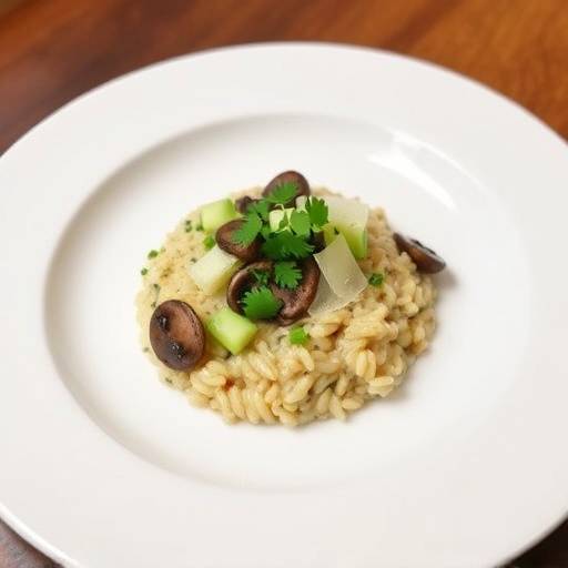 Piatto di risotto ai funghi porcini, guarnito con prezzemolo fresco tritato e una spolverata di parmigiano reggiano.