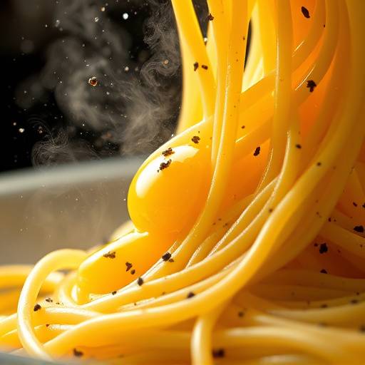 Piatto fumante di spaghetti alla carbonara, guarnito con pepe nero fresco e tuorlo d'uovo.