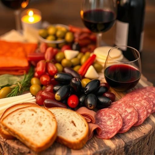 Un tagliere di salumi e formaggi italiani, con olive, pane croccante e un bicchiere di vino rosso.