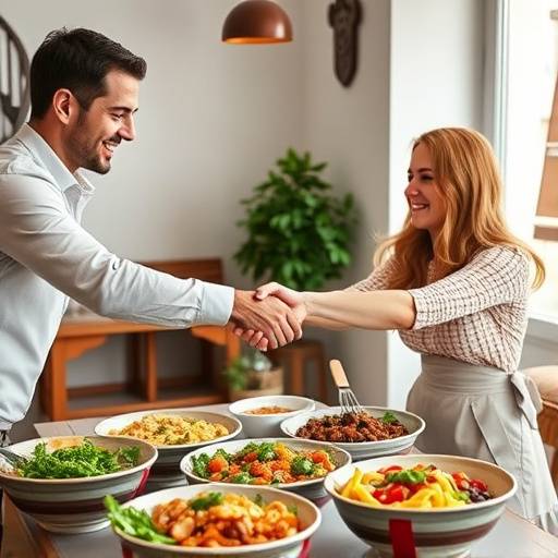 Un uomo e una donna stringono la mano sopra un tavolo con cibo italiano, simboleggiando un accordo.