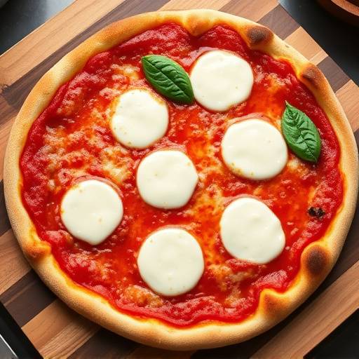 Una pizza margherita appena sfornata, con mozzarella filante, pomodori San Marzano e basilico fresco.